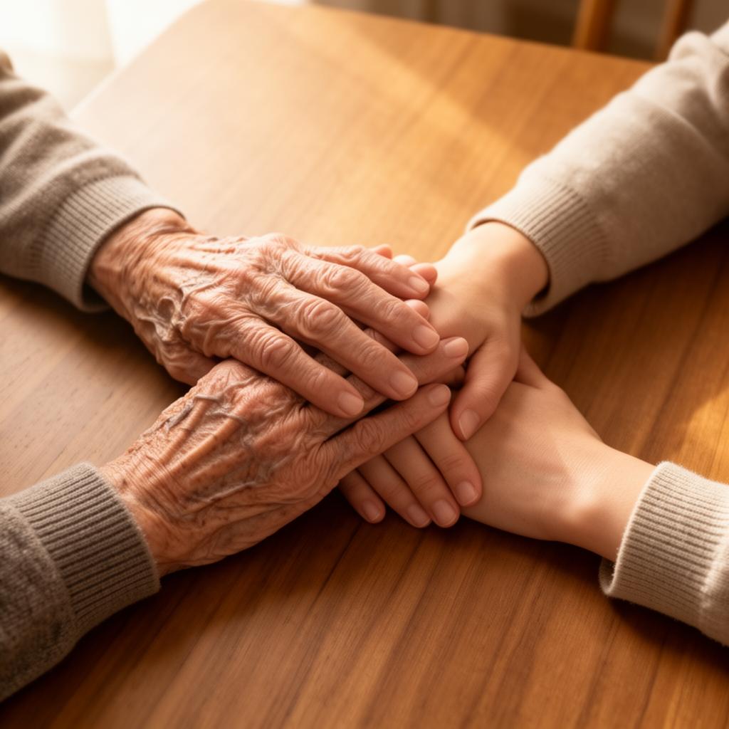 Caregiver holding hands with elderly client